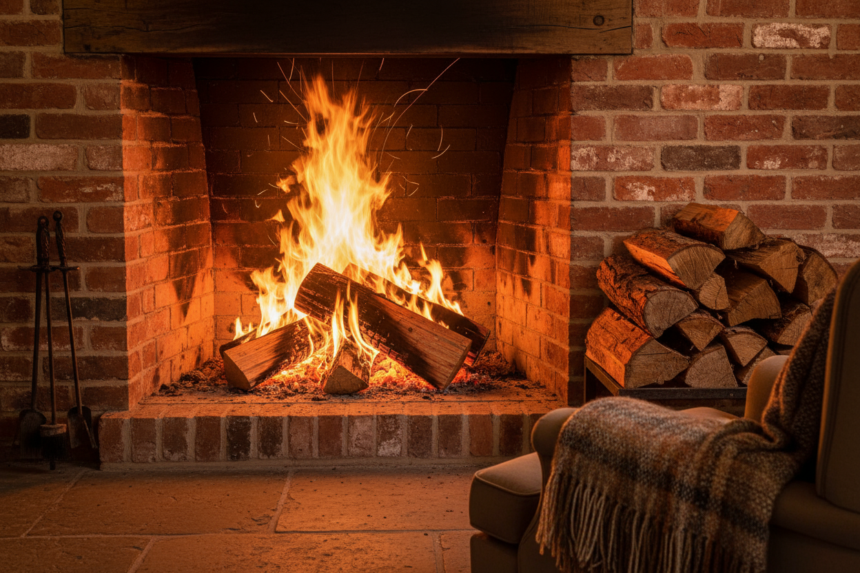 quiero que me generes una ghimea de fondo con fuego y madera al poder ser de ladrillos